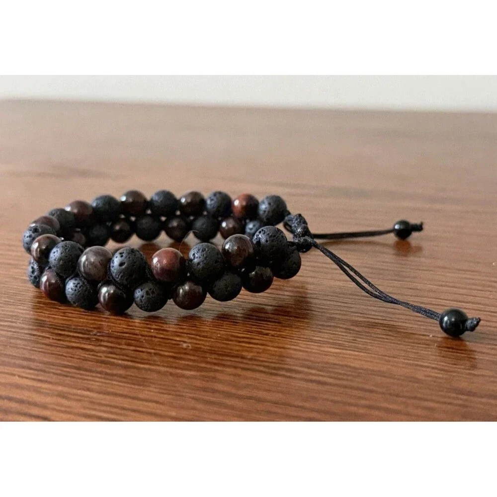 Natural Red Tiger Eye Lava Rock Double Row Braided Bracelet for Men Women
